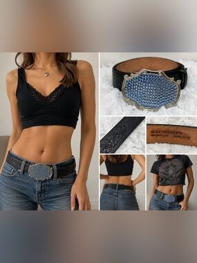 Leatherock Inc Blue Rhinestone Western Leather Belt Black Embossed tooled Belt